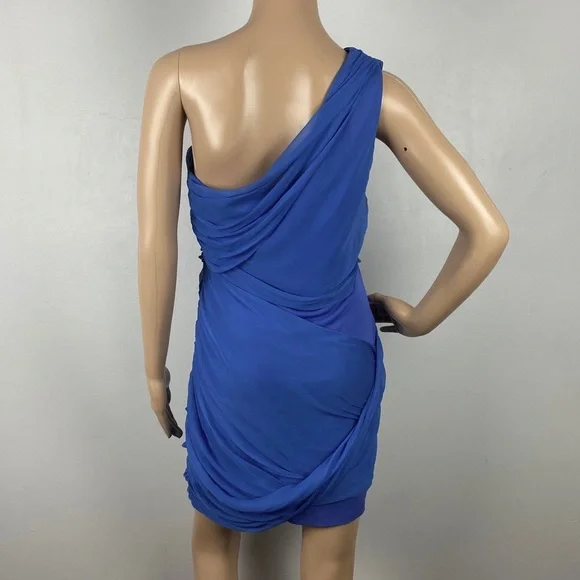 ALICE + OLIVIA BLUE ONE-SHOULDER CHIFFON DRAPED MINI DRESS - Picture 9 of 12